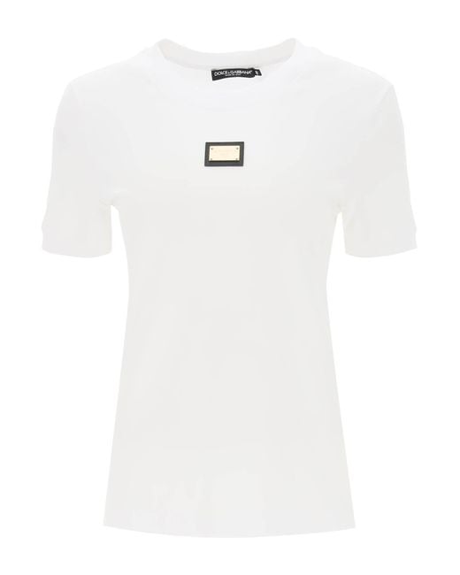 Dolce & Gabbana White T Shirt With Logoed Metal Plaque