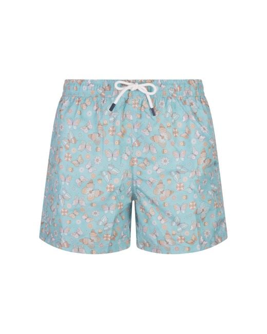 Fedeli Blue Light Swim Shorts With Butterfly Print for men