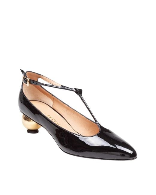 Ferragamo Brown Patent Leather T-Strap Pump