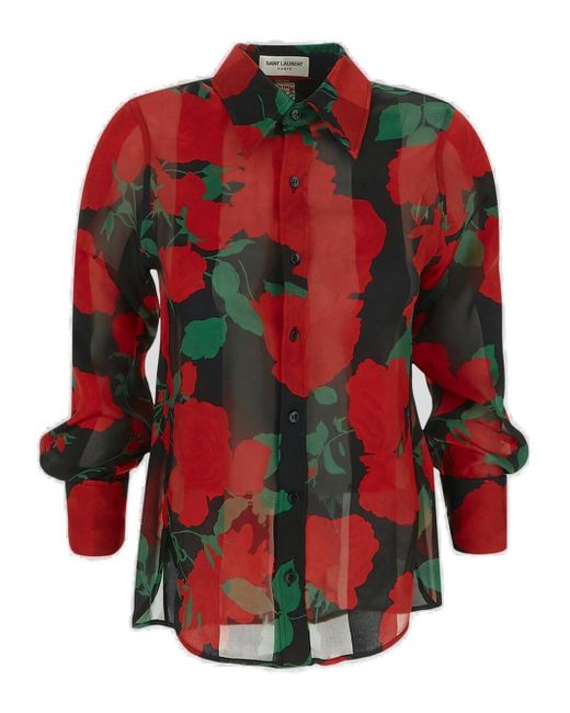 Saint Laurent Red Floral Printed Long-sleeved Shirt