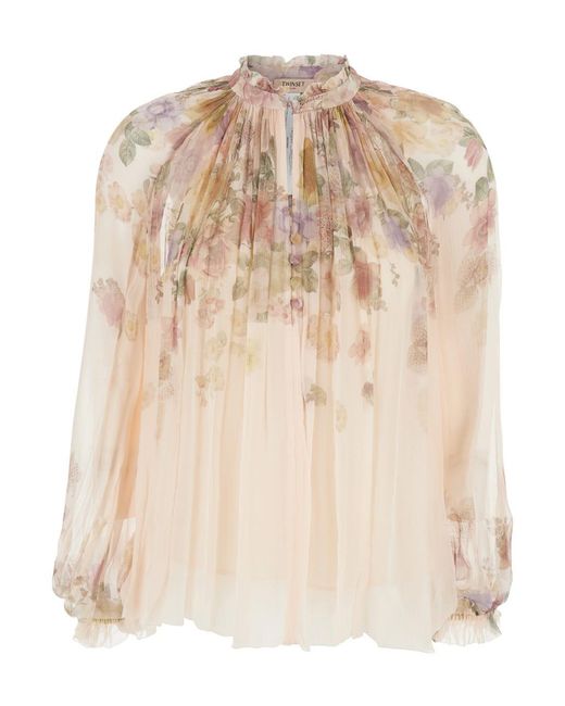Twinset Natural Blouse With High Collar And All-Over Floral Print