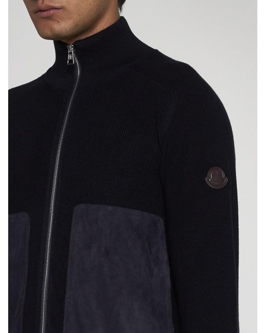 Moncler Black Knit And Suede Cardigan for men