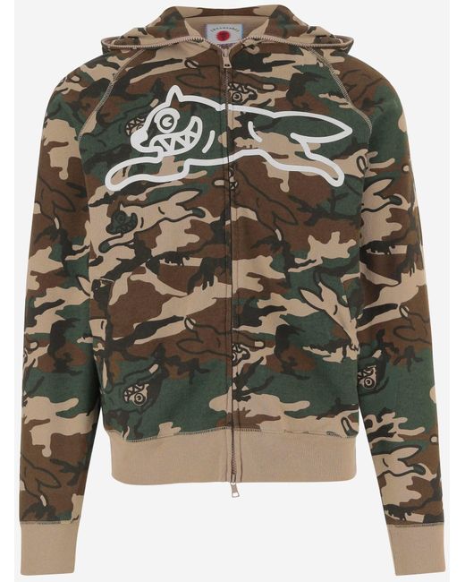 ICECREAM Green Zip Hoodie With Camouflage Print Cotton Sweatshirts for men