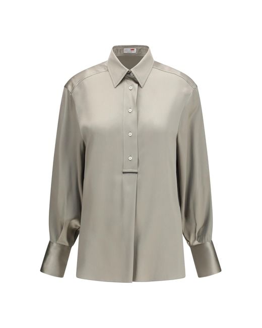 Brunello Cucinelli Gray Silk Satin Shirt Silk; Elastane