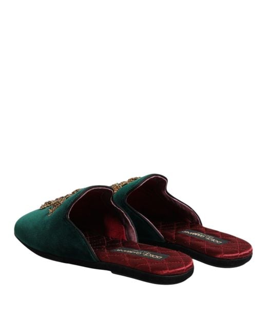 Dolce & Gabbana Green Velvet Cross Embellished Slippers Shoes for men