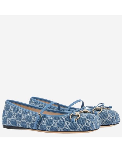 Gucci Blue Flats Gg Fabric Leather And