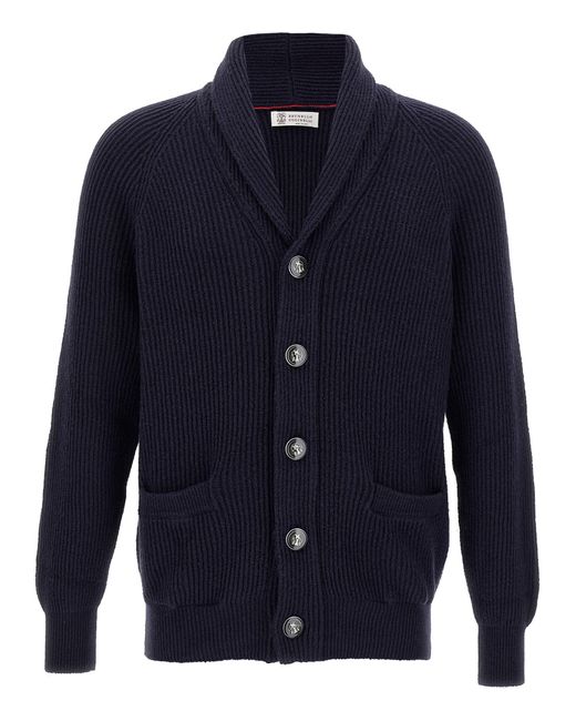 Brunello Cucinelli Blue Shawl Neck Cardigan for men