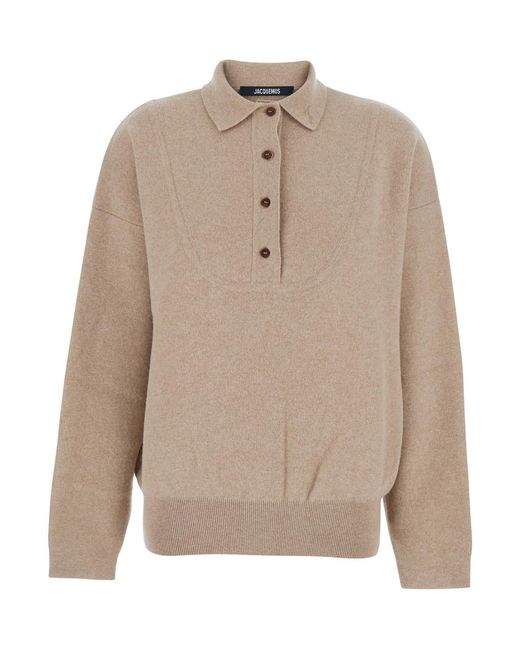 Jacquemus Natural Sweater With Polo Style Collar Wool