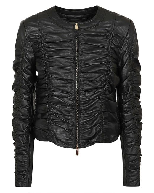 Pinko Black Ruched Detail Leather Jacket