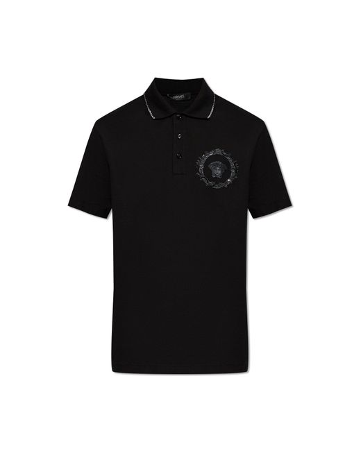 Versace Black Embroidered Polo Shirt for men
