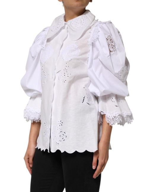 Dolce & Gabbana Gray White Ruffled Lace Embellished Blouse Top