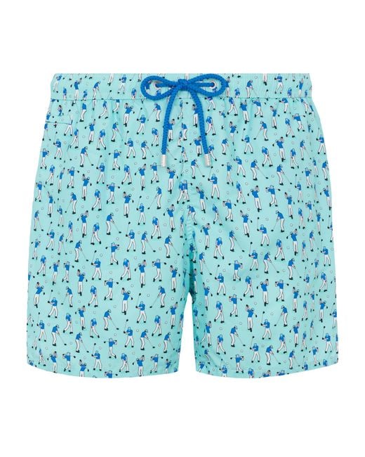 Mc2 Saint Barth Blue Lightweight Fabric Swim Shorts Lighting With Golf Players Print Swimshort