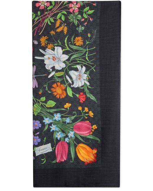 Gucci Gray Scarf, Printed Silk-Wool