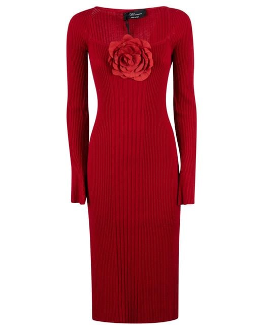 Blumarine Floral Ribbed Dress in Red | Lyst