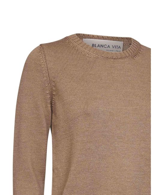 Blanca Vita Brown Camel Virgin Wool Knit Crewneck Sweater