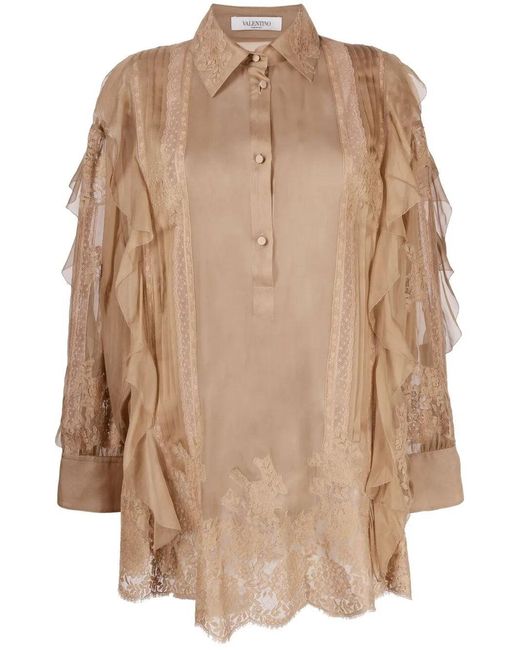 Valentino Natural Ruffle-Trim Silk Blouse