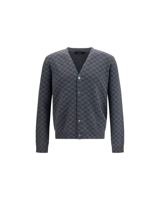 Gucci Blue Cardigan Gg Print Silk-Wool for men