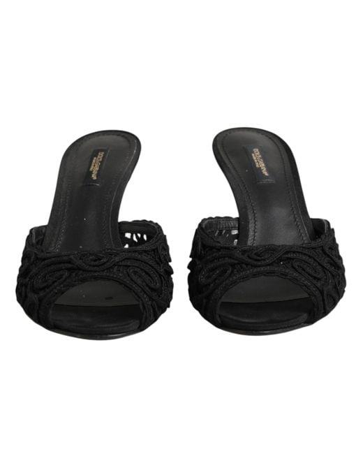 Dolce & Gabbana Black Embroidered Slip On Heels Slides Shoes Co+Pl+Vi