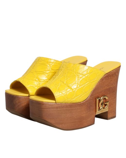 Dolce & Gabbana Yellow Leather Wood Mule Wedge Slides Shoes 100Iman