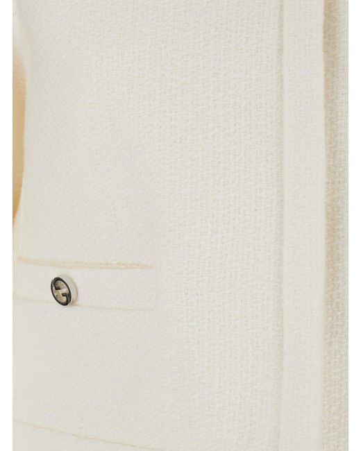 Gucci White Collarless Cropped Jacket With Gg Logo Button