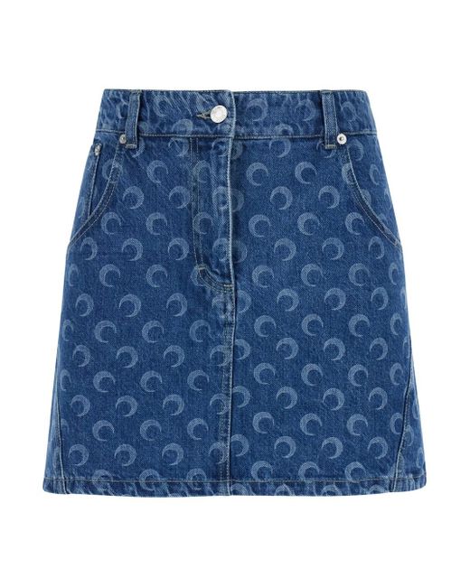 MARINE SERRE Blue Mini Skirt With 'crescenti Moon' Print In Denim Woman