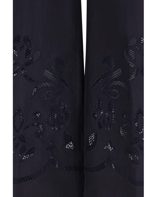 Forte_forte Blue Embroidered Cotton Pants Cotton; Silk