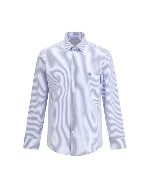 Etro Blue Striped Cotton Shirt With An Embroidered Pegaso Logo On The Chest for men
