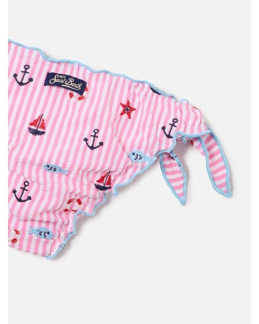 Mc2 Saint Barth Pink Cris And Light Seersucker Striped Bikini With Embroidered Details