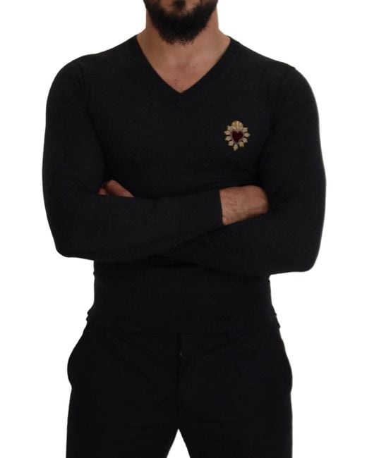 Dolce & Gabbana Black Cashmere V-Neck Sweater With Heart Embroidery for men