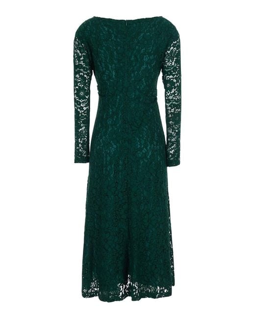Le Plain Green Long Dress With Lace Sleeves