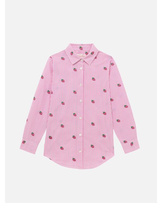 Mc2 Saint Barth Pink Mini Brigitte Striped Seersucker Shirt With Strawberry Embroidery