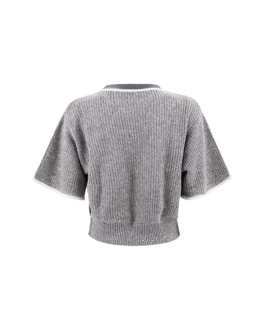 Brunello Cucinelli Gray Contrasting-Border Knitted Top