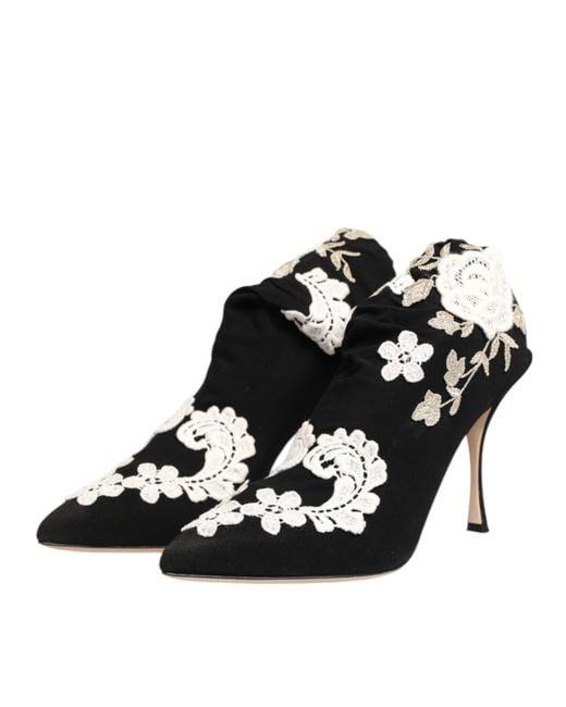 Dolce & Gabbana Black Embroidered Jersey Stiletto Boots Shoes Viscose Elastane