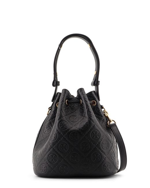 Tory Burch Black T Monogram Pebble Leather Bucket Bag