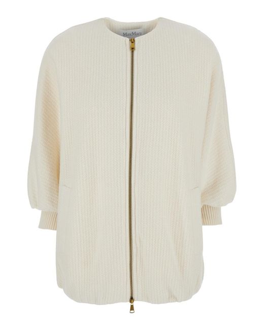 Max Mara White Crewneck Knit Jacket With Logo Patch Virgin Wool Coat