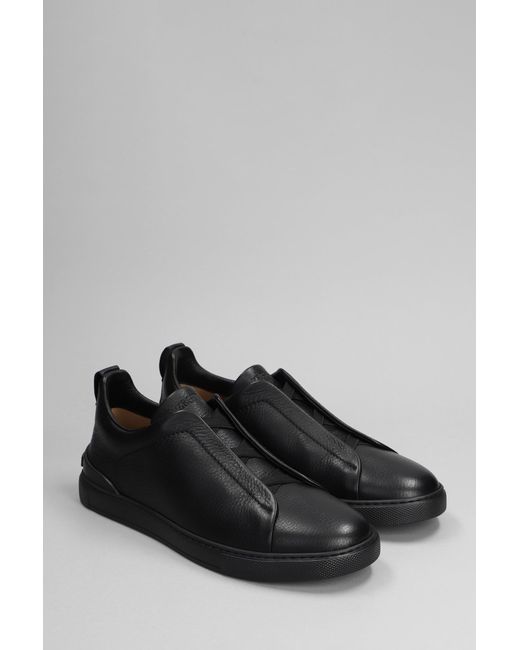 Zegna Black Triple Stitchtm Full-grain Leather Slip-on Sneakers for men