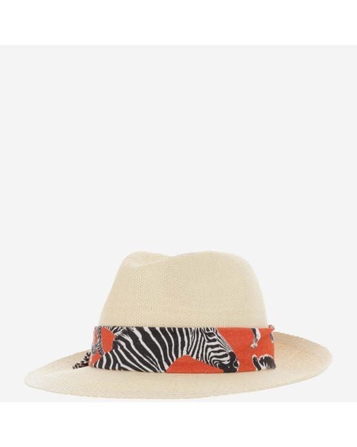 ALEXIA ALVAREZ DE TOLEDO White Panama Hat With Zebra Pattern Belt Raffia