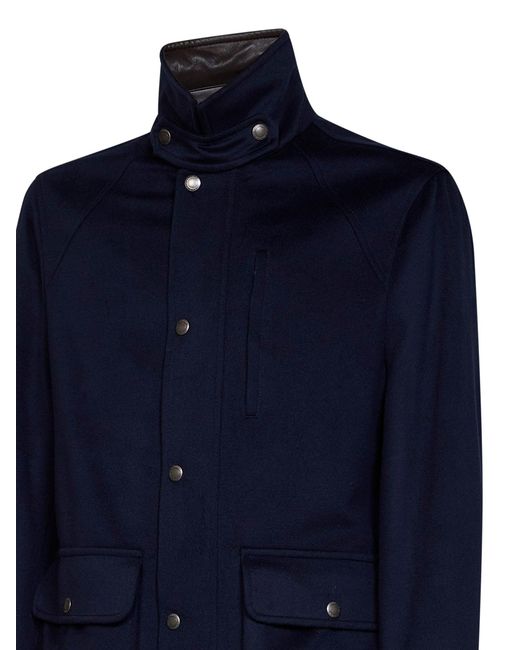 Brunello Cucinelli Blue Bomber Jacket Virgin Wool Beaver for men