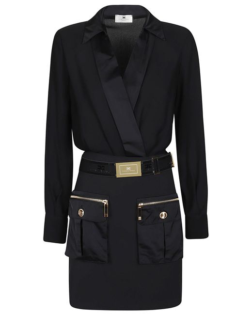 Elisabetta Franchi Black Belted Viscose Mini Dress