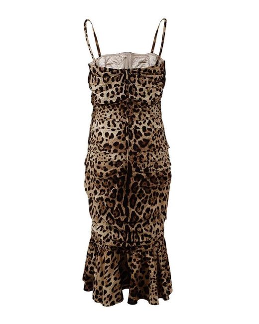 Dolce & Gabbana Brown Leopard Print Ruched Midi Dress Silk Elastane