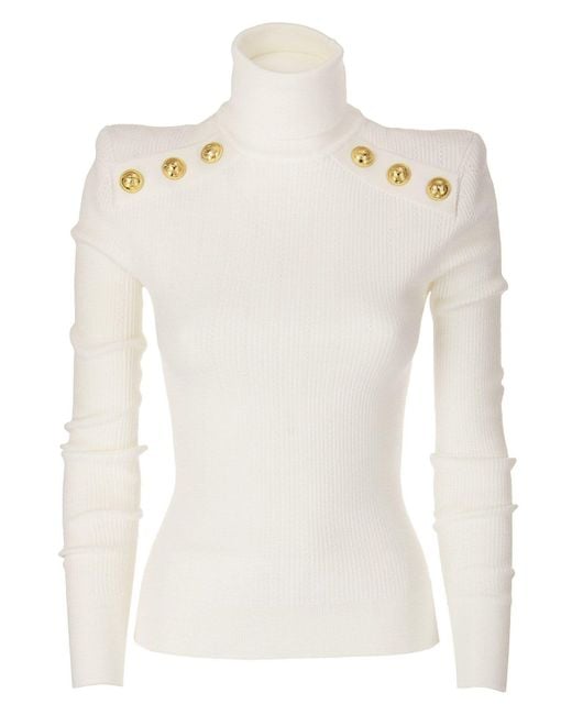 Balmain Synthetic White Knit Sweater With Gold-tone Buttons | Lyst