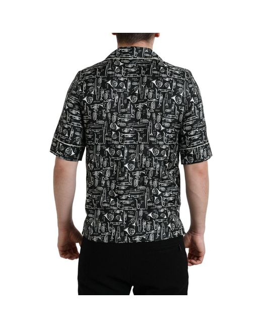 Dolce & Gabbana Black Elegant Silk Polo T-Shirt With Trumpet Print for men