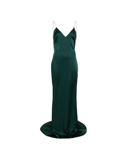 Tom Ford Green Emerald Shiny Envers Satin Evening Gown With Crystal Chain Embroidery