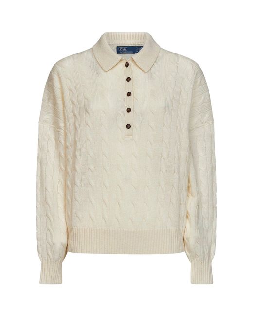 Polo Ralph Lauren White Polo Shirt Cable-Knit Wool-Cashmere Knitwear