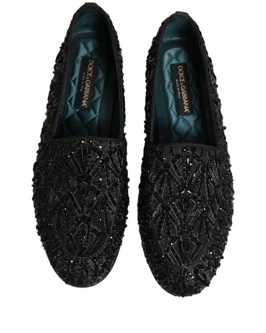 Dolce & Gabbana Black Velvet Embroidered Dress Loafers Shoes Leather for men
