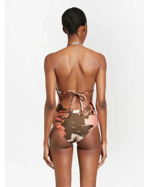 Ferragamo Brown Palm-Print Halterneck Swimsuit