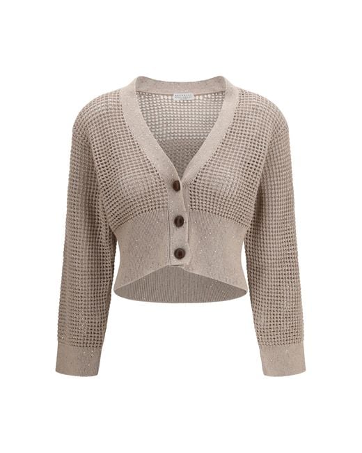 Brunello Cucinelli White Sequined Mesh Cardigan Cotton; Polyester