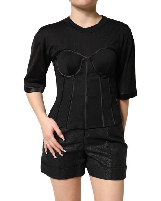 Dolce & Gabbana Black Cotton Bustier Corset Short Sleeves T-Shirt