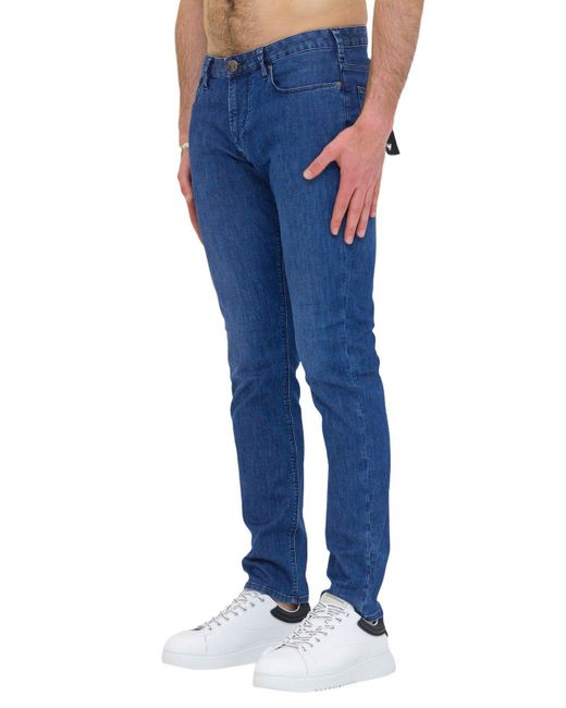 Emporio Armani Blue Logo Embroidered Skinny Jeans for men