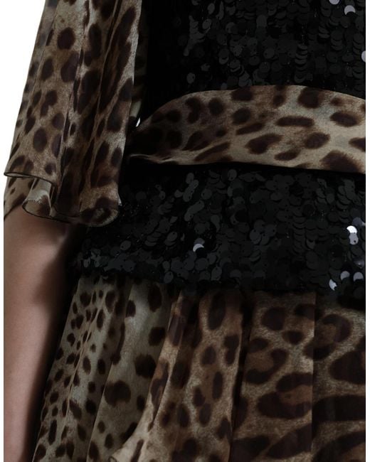 Dolce & Gabbana Black Leopard Print Silk Sequin Ruffle Maxi Dress Nylon